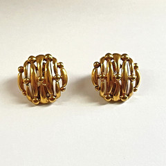 Vintage Monet Shiny Gold Tone Basketweave Clip Earrings Very Good Condition
