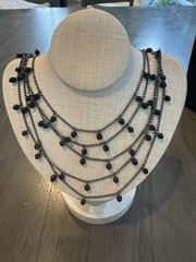 Vintage Black Crystal Waterfall Necklace Gunmetal Multi Strand Gothic Statement