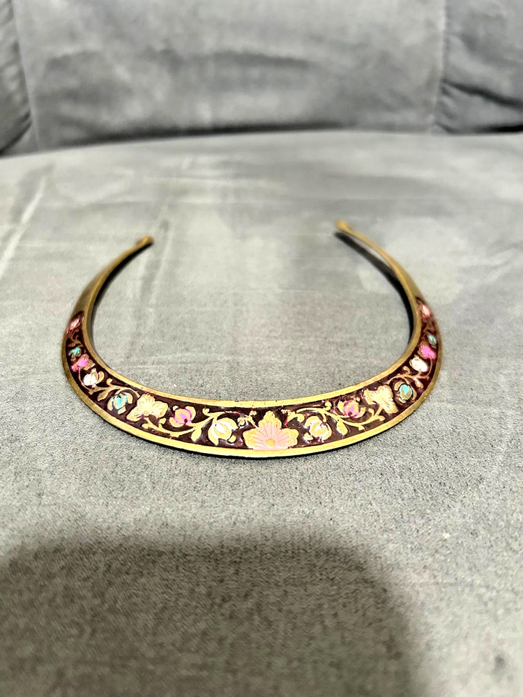 Vintage Brass Torque Collar Necklace Cloisonne Enamel Floral Inlay Statement