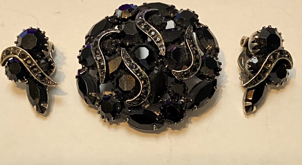 3 piece BIG Jet Black Stones Mourning Set Black Rhinestones Brooch Earrings Big!