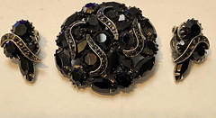 3 piece BIG Jet Black Stones Mourning Set Black Rhinestones Brooch Earrings Big!