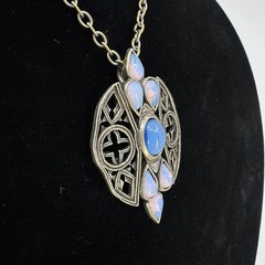 Vintage Miracle Celtic Pendant Necklace Blue Cabochon Faux Opal Silver Tone 17in