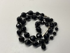VTG Stamped Made in AUSTRIA Hand Knotted Jet Black Crystal Beaded 16” Necklace