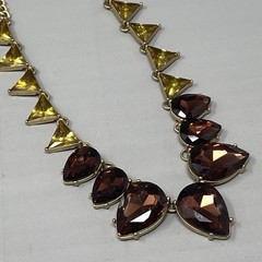 Designer Geometric Bib Necklace Brown Yellow Glass Rhinestone Gold Tone 19″