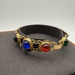 Vintage Rainbow Lucite Cabochon Gold Tone Link Bracelet Brutalist Modernist 7.5″