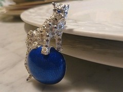 Amazing Vintage Napier Brooch Silvertone Leopard on Blue/Earth/Ball Crystals