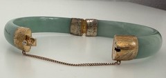 Vintage Genuine Natural Jadeite Jade Hinged Bangle Bracelet 60mm Safety Chain