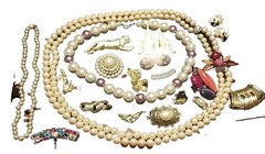 Vintage Jewelry Lot, Pearl Necklaces, Brooches, Slides, Ring, Earrings, 20 Items