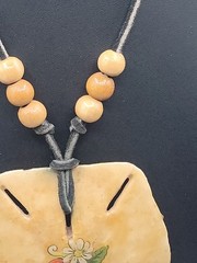 VTG Decoupaged Large Sand Dollar pendant necklace Wood Beads 28″ Leather Cord