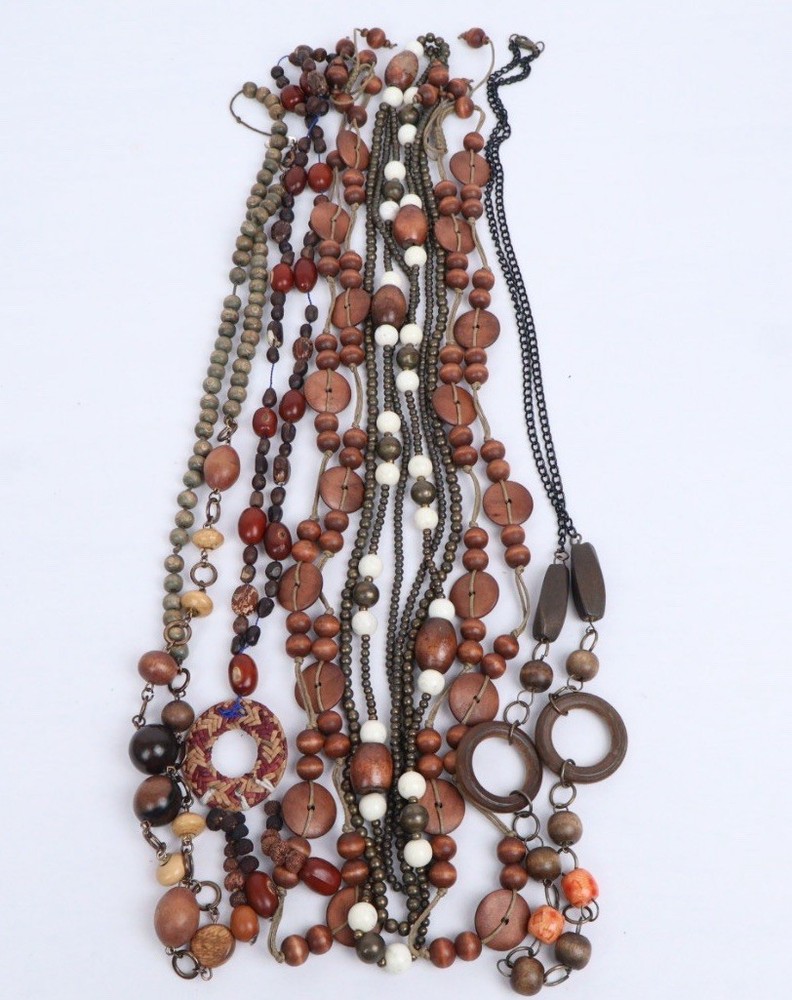VTG Boho Ethnic Tribal Long Wood Beaded Necklaces (6) Earth Tones