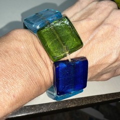 Vintage Chunky Green Teal Art Glass Square Tile Bead Stretch Bracelet