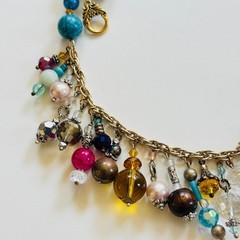 Vtg Art Glass Necklace Beaded Charm dangle Flashy colorful crystal Rare 18″ L