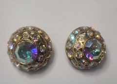 Vintage Signed Graziano 1980s Dome Aurora Borealis Gold Tone Clip On Earrings
