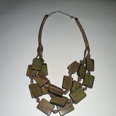 Vintage Boho Exotic Wood Statement Necklace Multi-Strand Chunky Green Brown Bib
