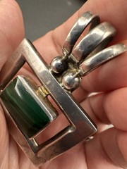 Vintage TR-110 Mexico Sterling Silver Malachite Pendant Modernist Taxco Style