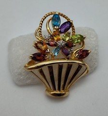 Vintage Colorful Stones Flower Basket 14K Yellow Gold Brooch Pin