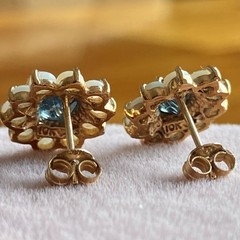 10k Gold London Blue Topaz Earrings with Opal Surround Vintage with Box & Paper