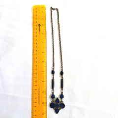 Vintage Pakistan Lapis Lazuli Flower Necklace, Boho Ethnic Inlay, Blue Stone