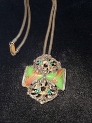 Selro Selini Unsigned Green Art Glass Rhinestone Pendant Necklace Chunky Funky