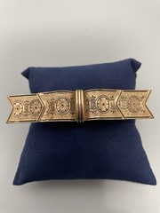 Coro Victorian Revival Enamel & Floral Engraved Bar Bow Shaped Pin Brooch 5” Vtg