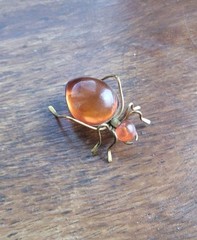 Vintage Russian USSR Baltic Amber Ant Bug Brooch Pin Gold Tone Spider Signed