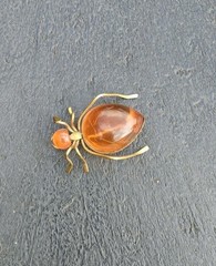 Vintage Russian USSR Baltic Amber Ant Bug Brooch Pin Gold Tone Spider Signed