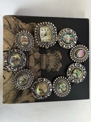 Vintage Japanese Novelle Quartz Abalone Silver Tone Watch Bracelet Stretchy 8”