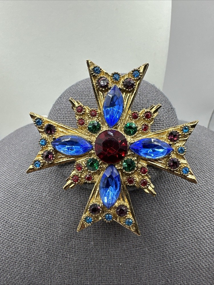 Amazing Vintage Byzantine Mogul Maltese Cross Pin Glass Emerald Ruby 2.5”