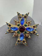 Amazing Vintage Byzantine Mogul Maltese Cross Pin Glass Emerald Ruby 2.5”