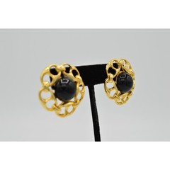 Vintage Cabochon Earrings Chain Link Round Gold Black Beaded Chunky NOS 1980s 9H