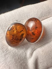 Vintage Pre- Historic Amber Sterling Silver Oval Clip-On Earrings TW. 6 Grams