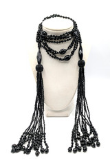 Antique Art Deco French Jet Black Glass Sautoir Open End Tassel Flapper Necklace