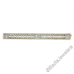 Antique Edwardian Platinum Top 14k Yellow Gold Diamond Filigree Bar Pin Brooch