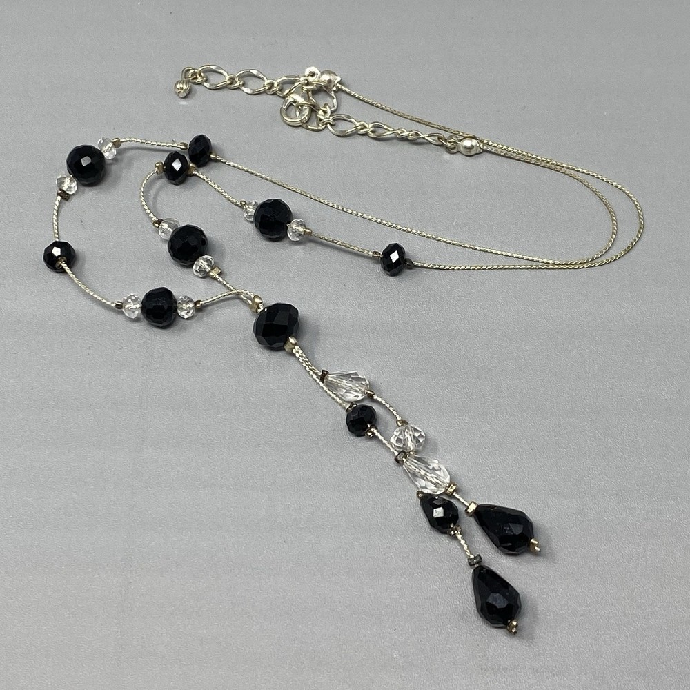 Glass Bead Necklace Black Clear Station Lariat Silver Tone Chain Collar 20″