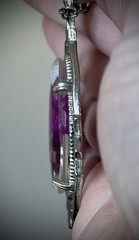 Vintage purple flower orchid in lucite acrylic and metal pendant Necklace