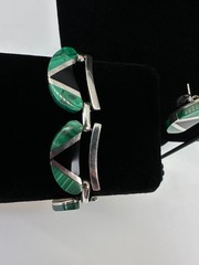 Vintage Taxco TS-108 925 Silver Malachite Onyx Necklace Bracelet Earrings