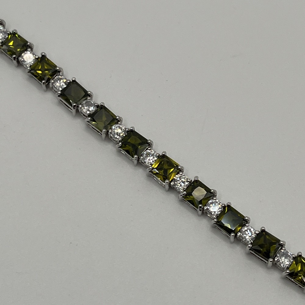 FAS 925 Sterling Silver Green Clear Stone Tennis Bracelet 7″ Heavy 21.3g
