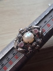Western Germany pearl & pink rhinestone silver-toned floral ring. SZ 5.75