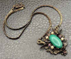 Vintage Victorian Revival Birds Green Cab Faux Pearl Rhinestone Pendant Necklace