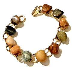 Vintage Semi Precious Stone Bracelet Polished Agate Gold Tone Links Statement 7″