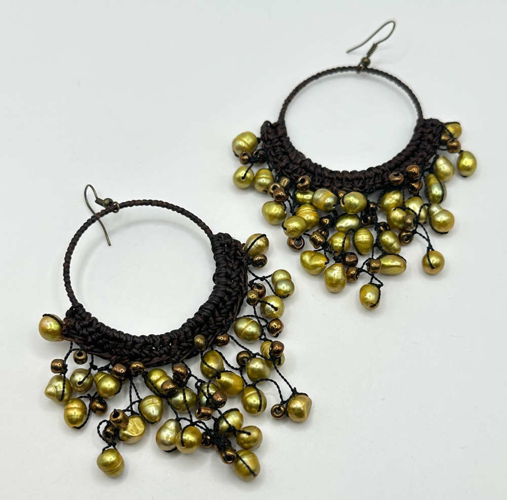Pearl Dangle Hoop Earrings Bohemian Style 4″ Drop Pierced Artisan