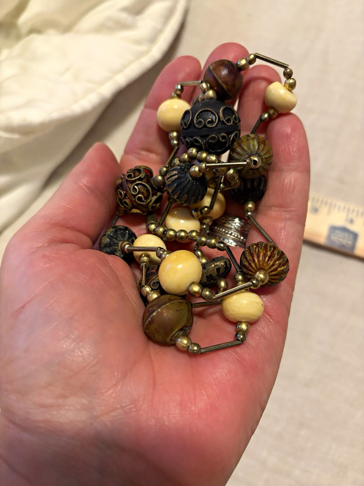 Beaded Brass Bar Link Station Chain Necklace Gold Cream Brown Black 34in