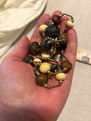 Beaded Brass Bar Link Station Chain Necklace Gold Cream Brown Black 34in