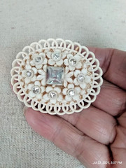 Vintage Celluloid Floral Brooch Cream Color with Rhinestones and Swirl Edging