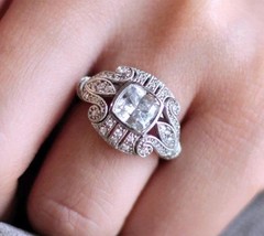 Art Deco Style Cushion Lab Created Diamond Engagement 14K White Gold Finish Ring