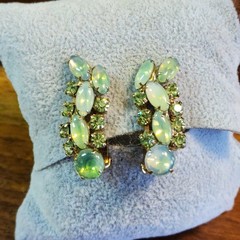 Vintage Opaline Glass & Aurora Borealis Rhinestone Clip Earrings Mid Century