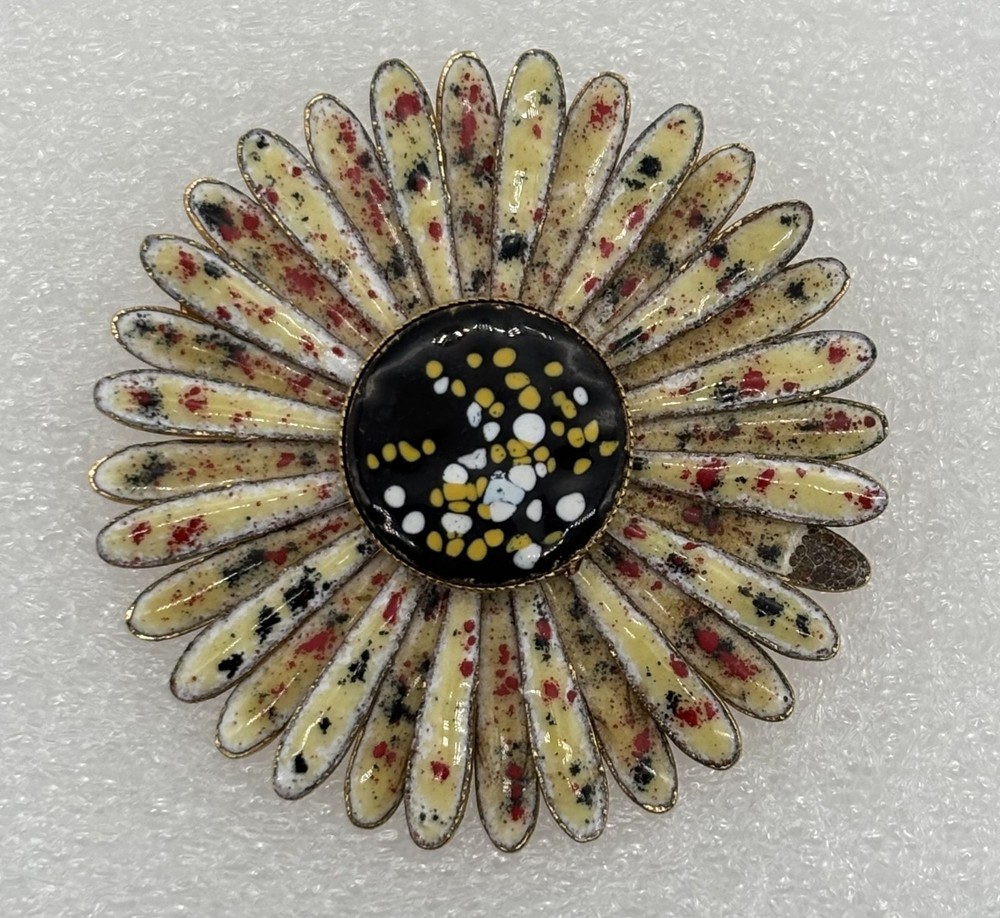 Vintage Enamel Daisy Brooch Double Petals Abstract Color Print 1960s, Not Signed