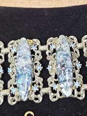VTG Wide Victorian Revival Blue Confetti Cab Bracelet & Earrings Set