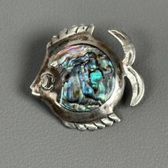 Vintage Taxco PRH Mexican Sterling Silver Fish Brooch W/ Abalone Shell Inlay