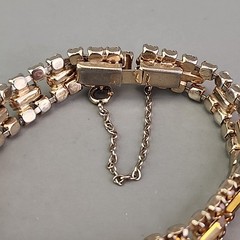 Vintage Rhinestone Bracelet Orange Glass Tennis Safety Chain Gold Tone 6.5″